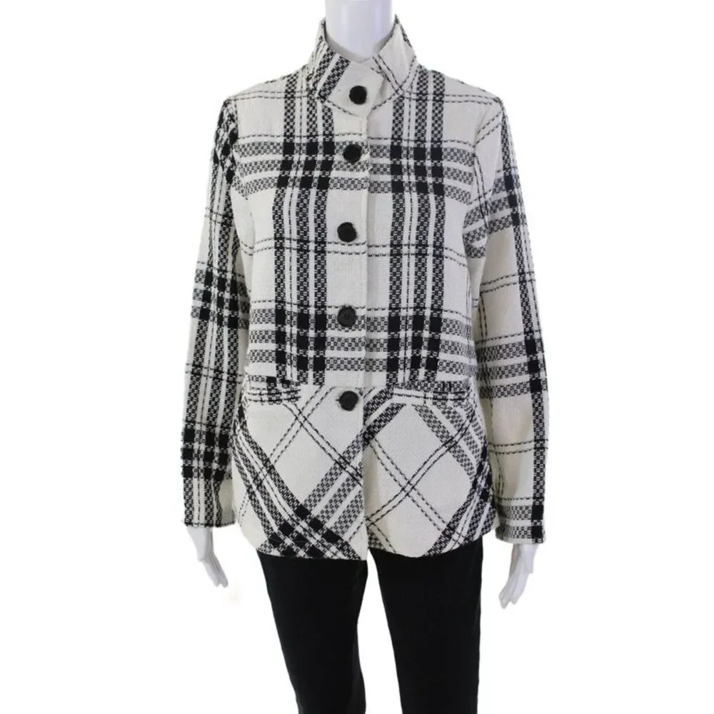 Shana Womens Plaid Long Sleeves Button Down Jacket White Black Size Extra Small